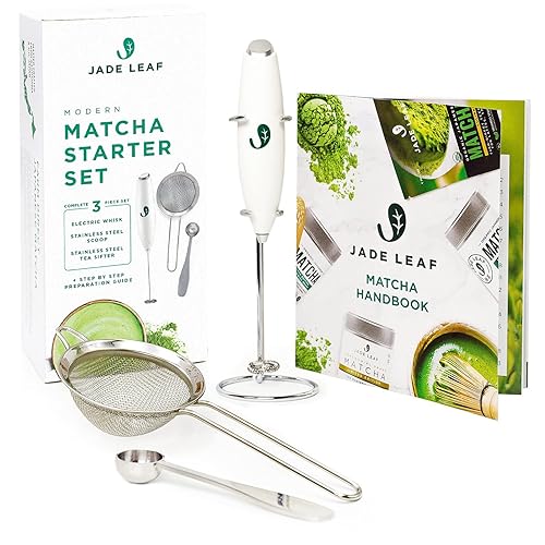 Jade Leaf Matcha Modern Starter Set - Includes: Electric Matcha Whisk + Milk Frother, Stainless Steel Spoon, Stainless Steel Sifter, and Printed Handbook - Starter Set