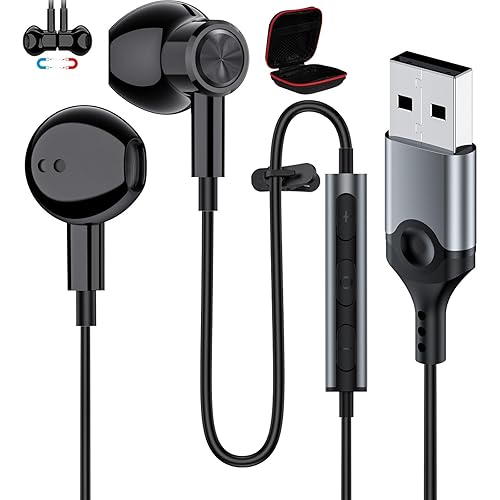 USB Earbuds with Microphone for PC, USB Headset with Mic for Computer Wired Earphones with Mute, Noise Isolating Work Office Gaming PC ASKUBSKU Laptop Headphones for HP Dell Surface PS5 Switch, 7.5 Ft - Black