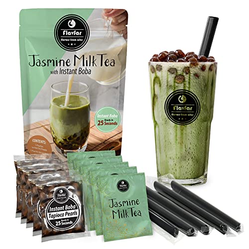 Flavfar Jasmine Milk Tea with Instant Tapioca Pearls - Authentic Jasmine Milk Bubble Tea Kit & Low Calorie, Brown Sugar Boba - Made in Taiwan - 5 Pack (Jasmine Milk Tea)