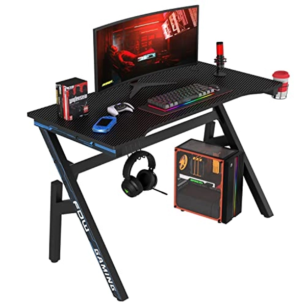 BestOffice Gaming Desk Computer Desk 47"x 23" Home Office Desk Extra Large Modern Ergonomic Black PC Carbon Fiber Table Gamer Workstation with Cup Holder Headphone Hook,Blue