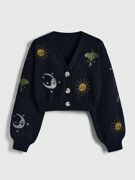 ROMWE Fairycore Plus Size Embroidered Stars & Moon Open Front Cardigan