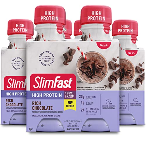 SlimFast Advanced Energy High Protein Meal Replacement Shake, Rich Chocolate, 20g of Ready to Drink Protein with Caffeine, 11 Fl. Oz Bottle, 4 Count (Pack of 3) (Packaging May Vary) - Chocolate Energy - Meal Replacement Protein Shake