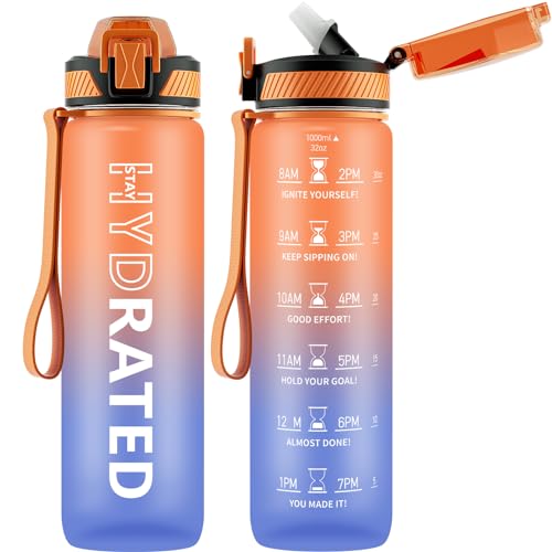 QLUR Borraccia 1 Litro, Borraccia Sportiva con Cannuccia e Orari per Bere, 1L Borraccia Palestra Motivazionale, senza BPA, Borracce a Prova Di Perdite per Palestra, Scuola, Yoga - 32oz/1000ml - Arancione Blu