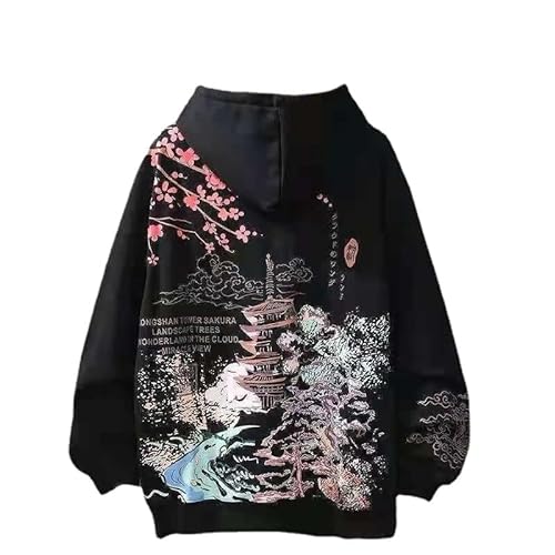 Y2K Anime Felpe con cappuccio estetica Sakura grafica felpa giapponese Harajuku oversize zip up top con cappuccio Alt Emo vestiti - 3XL - Nero-senza Pile