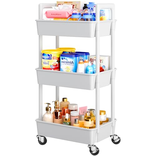 Pipishell 3 Tier Rolling Cart Organizer, Plastic Rolling Cart with Lockable Wheels & Reinforced Handle, Lightweight Utility Cart Storage Cart for Nursery, Kitchen, Bathroom, Craft Room, White, PIUC14W - White