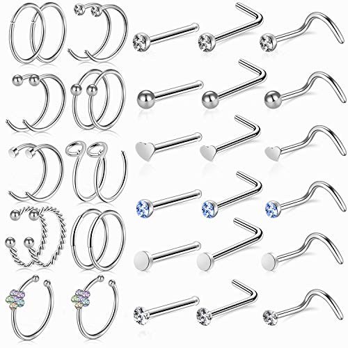 Defrsk 24/36Pcs Nose Rings for Women 20G Nose Piercing Jewellery for Women Nose Hoop Rings Gift for Women Girls - Silver-36Pcs