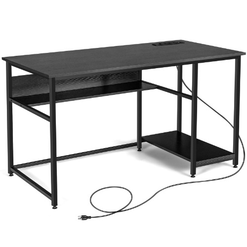 Tangkula 55 Inch Computer Desk with Power Outlet & USB Ports, Home Office PC Workstation with Storage Shelf, Stable Metal Frame, Vintage Writing Desk for Living Room, Office (55 Inch, Black) - 55 Inch Black