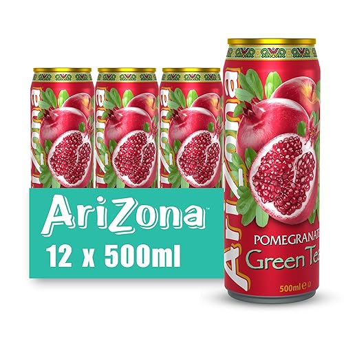 Arizona Pomegranate Green Tea, Delicious Fruit Iced Tea Drink, No Artificial Colours or Preservatives, Pack of 12 Cans x 500 ml - Pomegranate Green Tea - 12 x 500ml