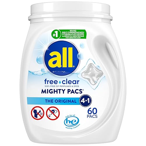 All Mighty Pacs Laundry Detergent, Free Clear for Sensitive Skin, Tub, 60 Count - 60ct