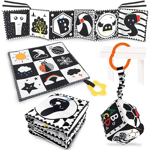 KUANGO 3 PCS Black and White High Contrast Baby Toys 0-6 Months for Newborn, Montessori Toys for Babies Sensory Soft Book for Early Education, Infant Tummy Time Toys 0 6 9 Months Baby Gifts - S1(High Contrast & Black White)