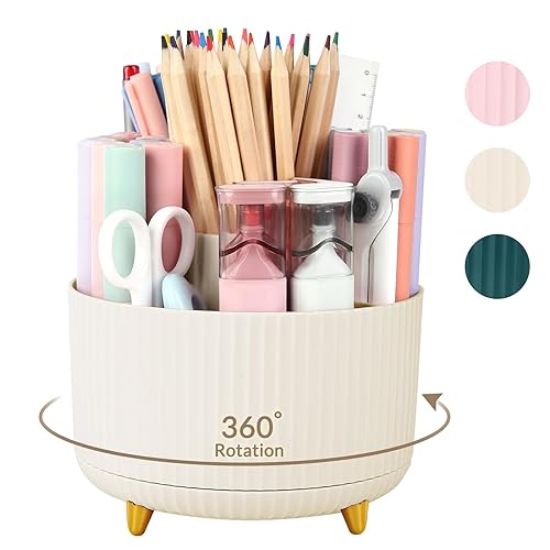 SKYDUE 360 Degree Rotating Desk Organizer, Dual-Purpose Pencil Pen Holder for Desk, Rotating Desk Pen Organizer with 5 Slots, Pencil Cup for Office, School, Home Beige - Beige