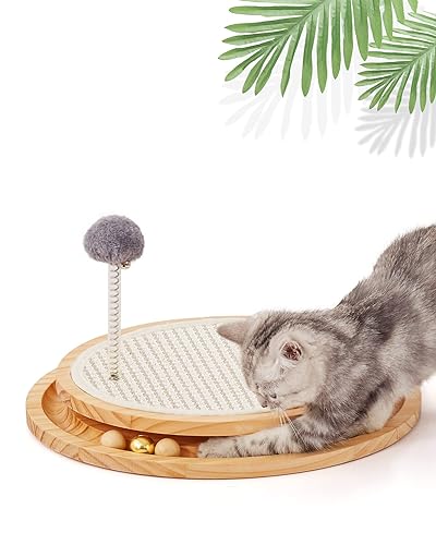 LMUGOOS Cat Scratcher, Cat Natural Sisal Scratching Pad, Kitten Interactive Toy with Ball Track Spring Ball for Chasing Hunting Mental Physical Exercise Puzzle - Gold