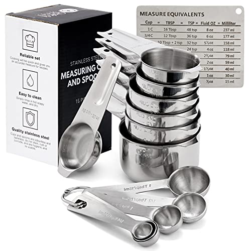 Oak & Steel - 15 Pack Measuring Cups and Measuring Spoons with D Rings and Measure Chart Magnet, Baking Gift Set