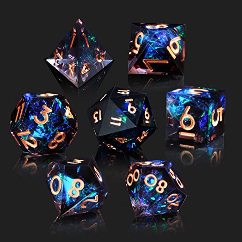 Cttasty DND Dice Set Resin Sharp Edge Dice Set Handmade 7pcs Polyhedral Dice Set DND RPG MTG Role Playing Game Dice Set D&D Dice with Gift Case for DND Dungeons and Dragon (Light-Black) - Universe
