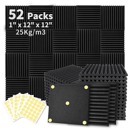 Focusound 52 Pack Acoustic Foam Panels 1" x 12" x 12" Sound Proof Foam Panles Soundproofing Noise Cancelling Wedge Panels for Home Office Recoding Studio with 300PCS Double-Side Adhesive - 52 Pack