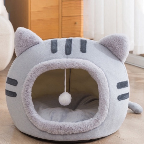 Adorable Plush Cat Head Pet House - Gray