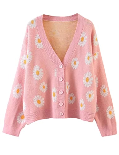 Women's Long Sleeve Thin Cardigans Sweater V-Neck Daisy Floral Button Loose Outerwear