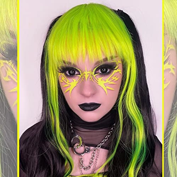Fugady Black Wig with Green Bangs Fluorescent Green Bangs Green Straps Cosplay Wig Egirl Wig with Bangs Heat Resistant Wig Colorful Wig Split Wig Fun Wigs for Girls (Synthetic | 24 inches)