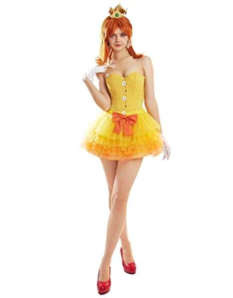 MEOWCOS Women Corset Dress Princess Style Tube Top Tights Corset and Skirt Set with Crown and Gloves