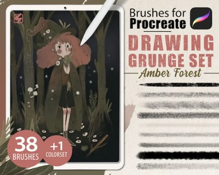 38 Procreate Brushes  Drawing Grunge Set Amber Forest   | Etsy France