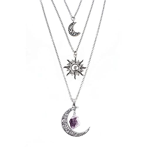 MJartoria Gothic Necklaces Chakra Sun and Moon Charm Pendant Multi Alloy Chain Layered Choker Necklace Set Gothic Jewelry for Women - C-Purple-Moon+Stone-3PCS