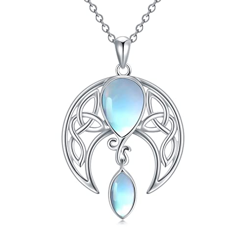 AOBOCO Moon Necklace Sterling Silver Celtic Crescent Moon Goddess Pendant Irish Good Luck Necklace with Birthstone Crystal, Celtic Moon Jewelry Gift for Women Mom Wife - 06_Simulated Moonstone