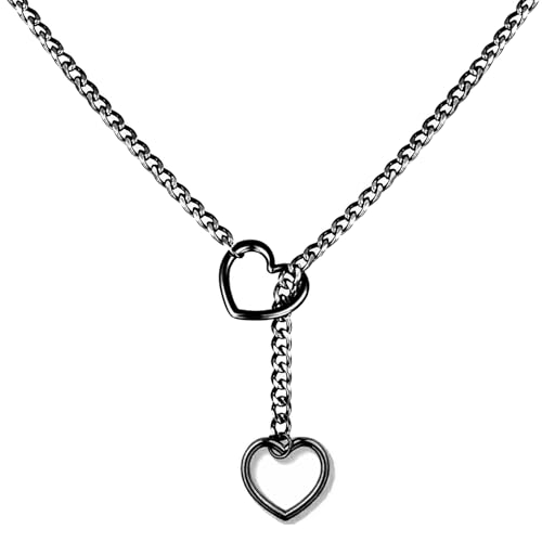 VLIEGEN Heart O-Ring Slip Chain Necklace Punk Rock Stainless Steel Cuban Long Necklace Jewelry for Women Gothic Cuban Necklace Jewelry Adjustable Lariat Y-Necklace - Black - 25inch
