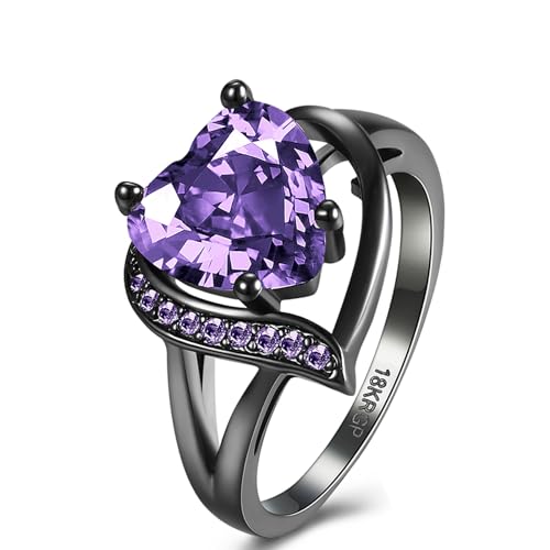 QOBEBOTA Romantic 18K Black Gold Plated Engagement Rings Heart Cubic Zirconia Promise Rings for Her Gold Wedding Ring Birthday Gifts Statement Ring for Women - Purple Stone with Black Ring - 9