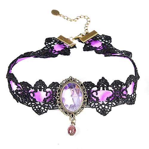 QEPOL Retro Handmade Choker Necklace for Women Gothic Black Lace Royal Court Vampire Style Wedding Beads Tassels Chain Pendant Earring Halloween Punk Costume Party Set Rock Craft Bracelet - Purple
