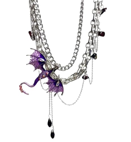Dragon Choker Necklace For Women Black Purple Silver Stainless Steel Cubic Zirconia Leather Punk Gothic Cool Flying Dragon Pendant Necklace Adjustable Chain Jewelry For Daugther - Purple