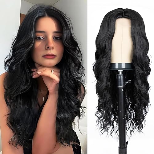 Long Black Wig for Women 26 Inch Middle Part Wavy Women Charming Hair Realistic Natural Looking Synthetic Heat Resistant Fiber Wig for Daily Party Use - 26 Inch - Black