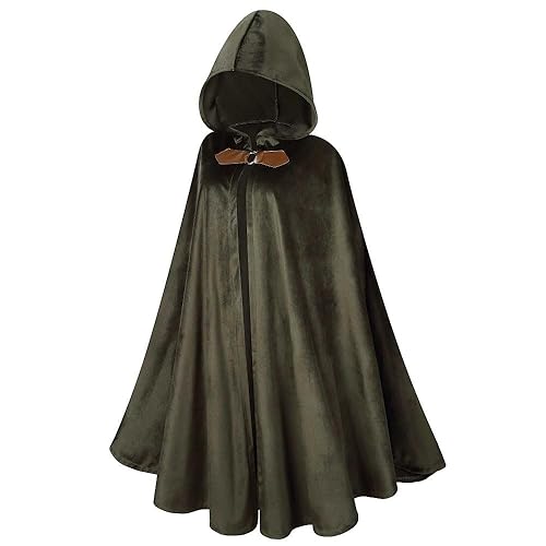 LMYOVE Men Hooded Cloak, Adult Medieval Renaissance Costume with Hood, Velvet Cape Halloween Dress Up - 130cm - Green