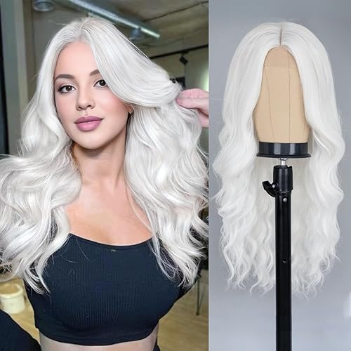 Long White Wig for Women 26 Inch Middle Part Wavy Women Charming Wigs Realistic Natural Looking Synthetic Heat Resistant Fiber Hair for Daily Party Use - 26 Inch - White