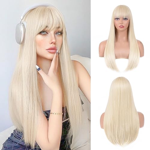 T-color Blonde Wig with Bangs for Women – Long Straight Heat Resistant Synthetic Wig for Daily Use, Party, Halloween, Cosplay – 24 Inch Blonde Wig for Girls - Blonde
