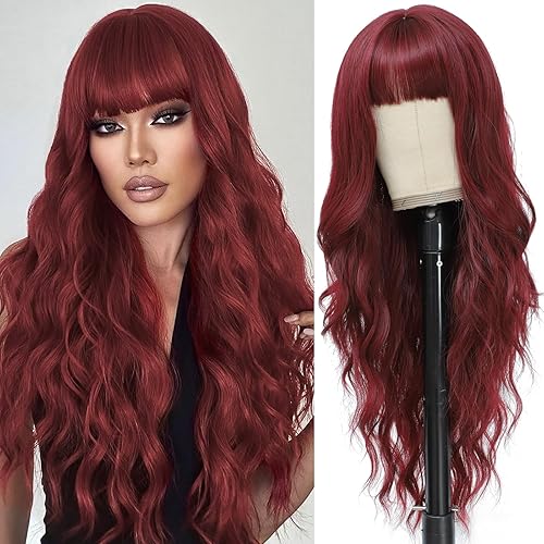 MINSEEYOO Burgundy Wig with Bangs for Women Long Burgundy Wavy Wigs 26 Inch Dark Red Wigs Natural Looking Heat Resistant Synthetic Wig for Daily Party Use - Burgundy