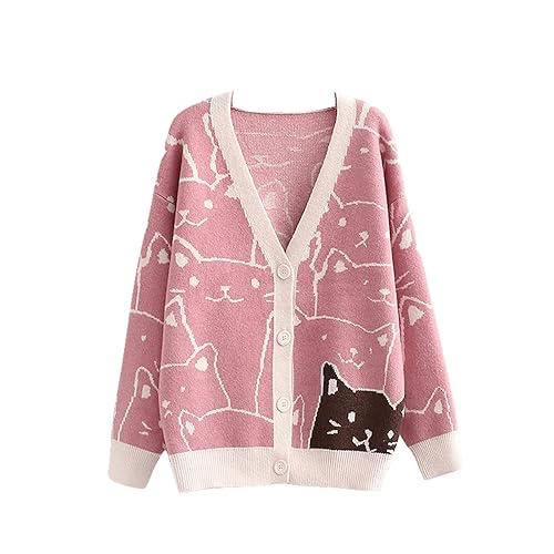 Aobiono Women Kawaii Cat Cardigan Kimono Anime Sweater Cute Japanese Aesthetic Korean Preppy Knitted Sweatshirt Button Down - One Size - Pink