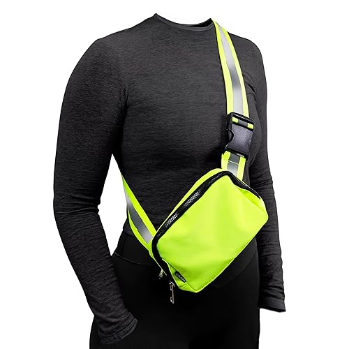 GLOPLACES Reflective Belt Bag Night Sash for Night Safety - High Visibility Hip Bag Waist Pack with Large Storage Pouch - Adjustable Night Fanny Pack for Dog Walking, Hiking, Biking