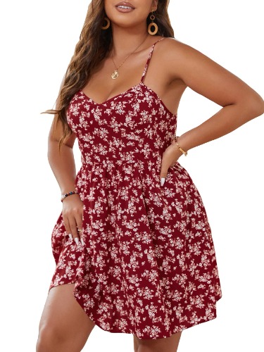 Cozyease Women's Plus Size Casual Floral Print Backless Cami Dress Flared Hem Mini Dresses