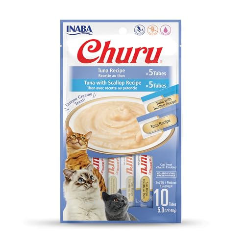 INABA Churu Cat Treats, Grain-Free, Lickable, Squeezable Creamy Purée Cat Treat/Topper with Vitamin E & Taurine, 0.5 Ounces Each Tube, 10 Tubes Total/Two Flavors, Tuna Variety - Tuna Variety - 0.5 Ounce (Pack of 10)