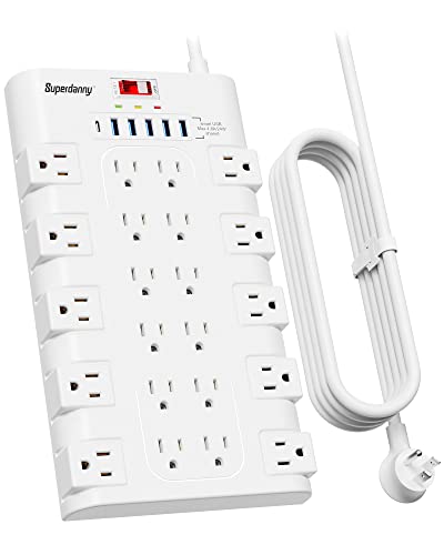 SUPERDANNY Power Strip Surge Protector with 22 AC Outlets and 6 USB Charging Ports, 6.5Ft Mountable Flat Plug Extension Cord (1875W/15A) for Home, Office, Dorm, Gaming Room, 2100 Joules, White - 6.5 ft - White