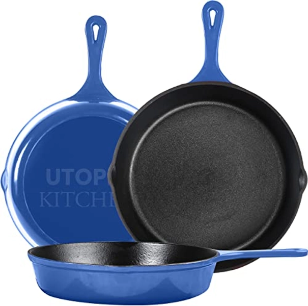 Utopia Kitchen - Saute Fry Pan Pre-Seasoned Cast Iron Skillet Set 3-Piece - Nonstick Frying Pan 6 Inch, 8 Inch and 10 Inch Cast Iron Set (Blue)