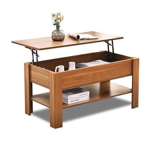 Coffee Table With Storage, Lift Up Coffee Table For Living Room, Wooden Coffee Tables With 1 Shelf Large Hidden Storage Lift-Top Sofa End Tea Table for Living Room Furniture, 100L x 50W x (42-57)H cm - Beech