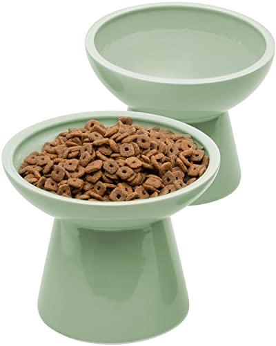 CEEFU 2 Extra Wide Elevated Cat Food Bowl, Ceramic Cat Bowls for Food and Water, Wide Shallow Cat Food Dish, Whisker Fatigue, Lead & Cadmium Free, Great Height for Cat - Green