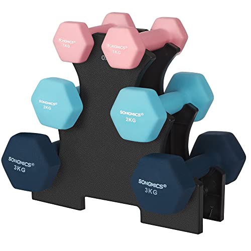 SONGMICS Hex Dumbbells Set with Stand - 2 x 1 kg, 2 x 2 kg, 2 x 3 kg, Neoprene Matte Finish, Hand Weights for Home Exercise - Pink + Aqua + Blue