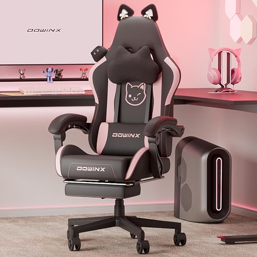 Dowinx Gaming Chair Cute with Cat Ears and Massage Lumbar Support, Ergonomic Computer Chair for Girl with Footrest and Headrest, Comfortable Reclining Game Chair 290lbs for Adult, Teen, Black - Black and Pink