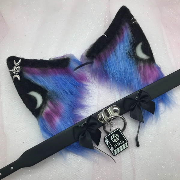 The “ Calling “ / Black blue purple  Cat Kitten Pastel Kawaii Dog Ears   headband head band cosplay collar choker set lunar