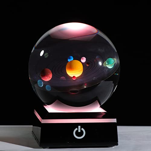 3D Crystal Ball with Solar System Model and LED lamp Base, Clear 80mm (3.15 inch), Best Birthday Girlfriend Gift, Teacher of Physics, Classmates and Kids Gift - 3d Crystal Ball Solar System+led Base