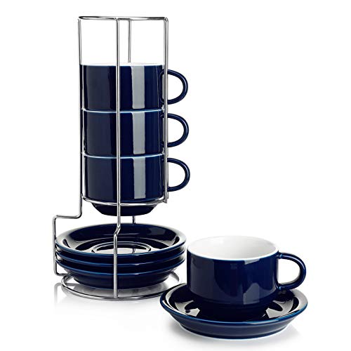 Sweese 8 Ounce Porcelain Stackable Cappuccino Cups with Saucers and Metal Stand - for Specialty Coffee Drinks, Cappuccino, Latte, Americano and Tea - Set of 4, Navy - 3.4 Inch - Navy