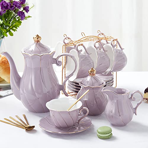 DUJUST 22 pcs Porcelain Tea Set for 6, Luxury British Style Tea/Coffee Cup Set with Golden Trim, Beautiful Tea Set for Women, Tea Party Set, Gift Package (With a Stand) - Purple - Lavender Purple