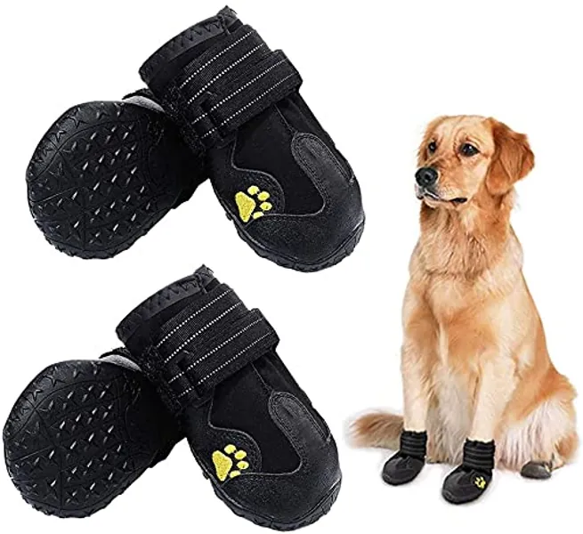 HuaTek Hundestiefel, wasserdichte Hundestiefel,Regenstiefel, Hundeschuhe für mittelgroße bis große Hunde mit Zwei reflektierenden Befestigungsbändern und robuster Rutschfester Sohle(schwarz, 4 Stück)